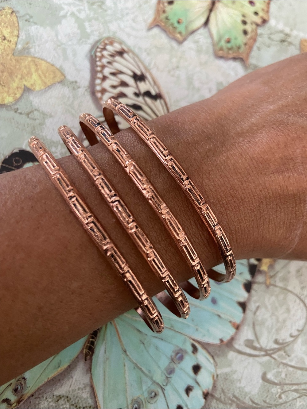 Set of 4 Rose Gold Cooper Textured Stackable Bangles - Women Jewelry